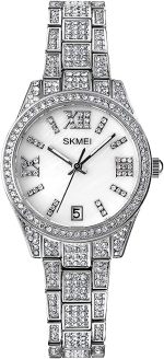 SKMEI Lady Watches for Women Female Bling Dress Fashion Luxury Diamond Business Casual Analog Quartz Waterproof Stainless Steel Wristwatches Gifts